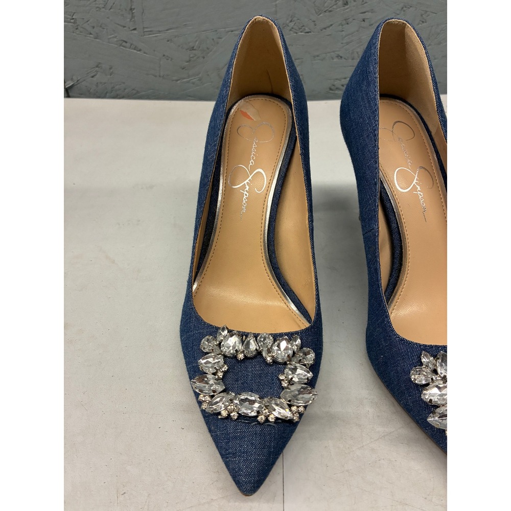 Jessica Simpson Womens Size 7M Denim Rhinestone Crystal Pointed Pump Heels Blue - Picture 3 of 13